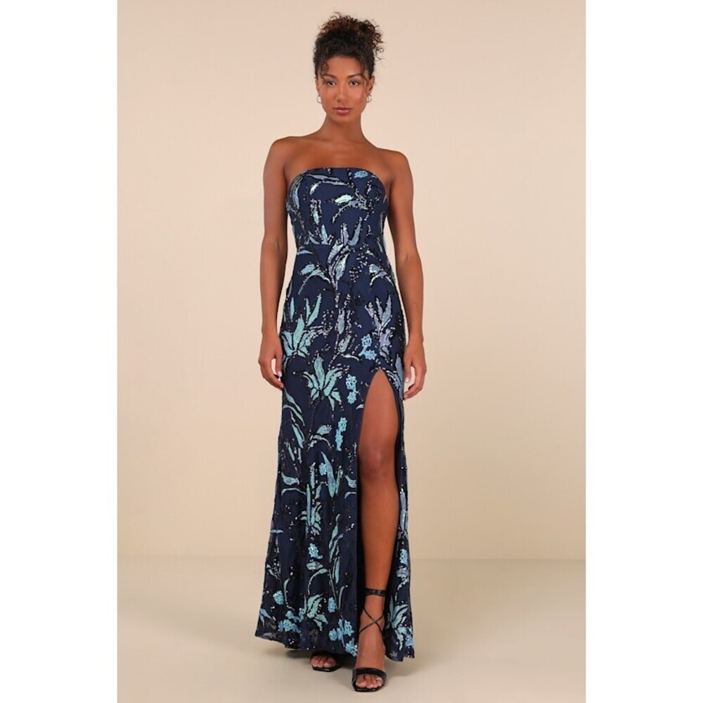 Lulus Shimmering Icon Navy Sequin Lace-up Strapless Maxi Dress Blue - Size S